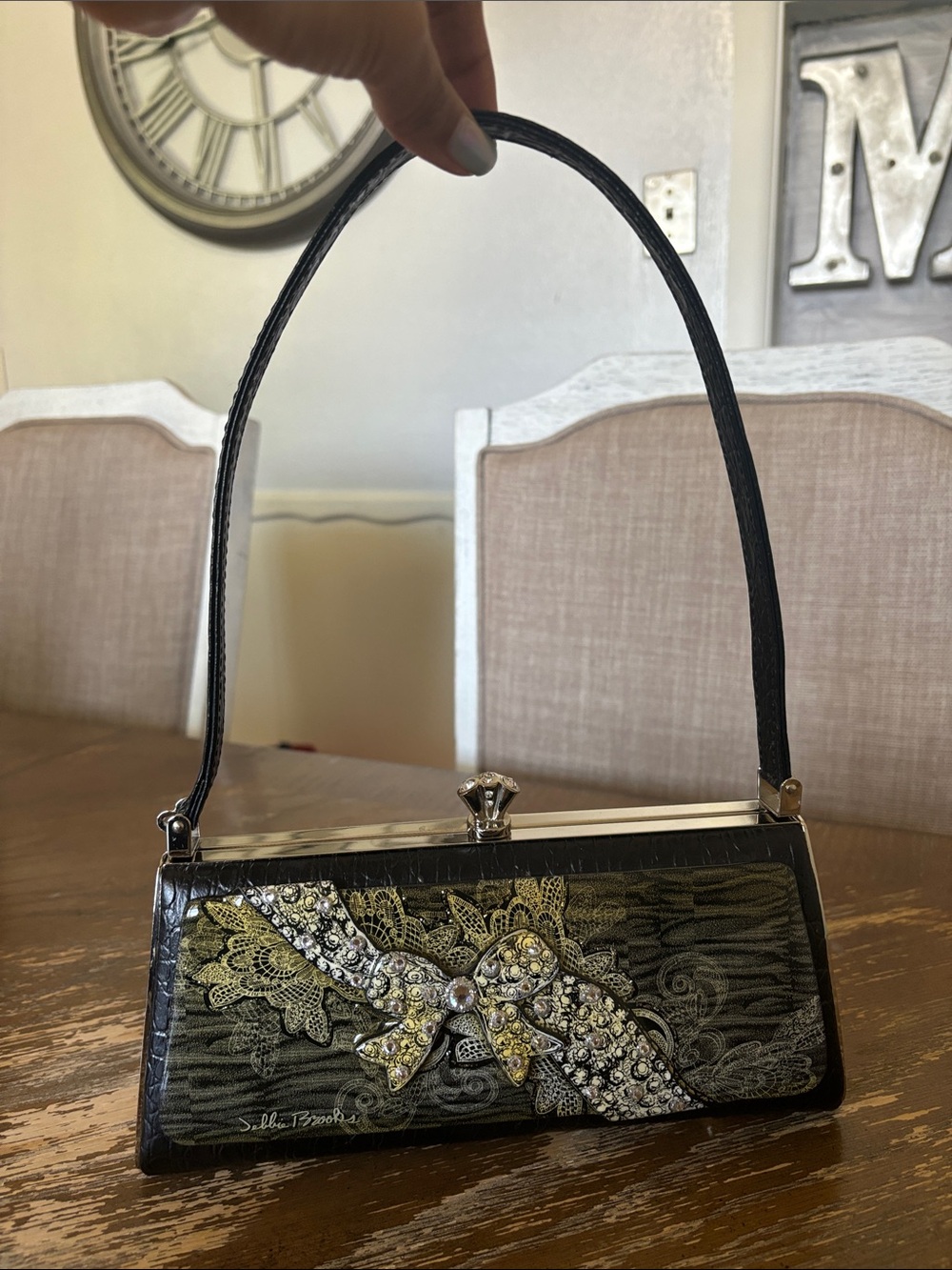 Embellished Black and Gold Bow Clutch Wristlet